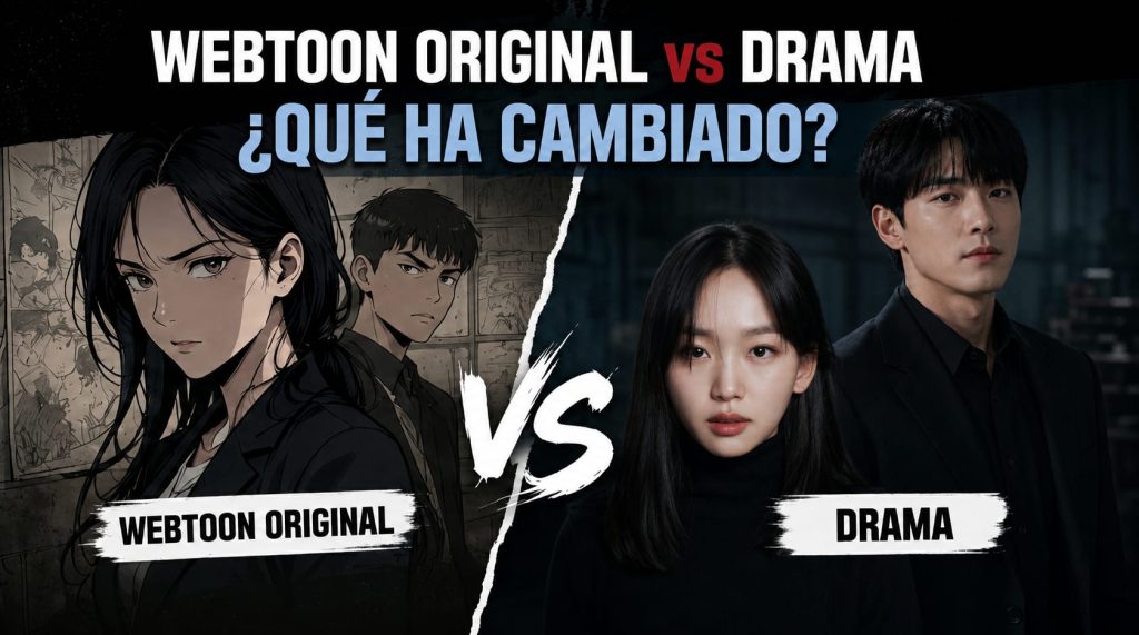 Imagen generada por IA para el artículo sobre la serie original de Netflix "Así aprenderás", que compara el webtoon original con la adaptación en drama, mostrando las ilustraciones y los rostros de los actores principales.