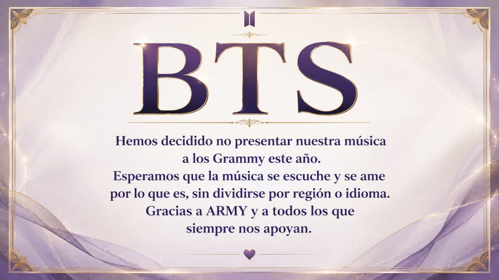 Imagen de portada generada por IA para el artículo sobre la ausencia de BTS en los Premios Grammy 2027, con un mensaje especial para los fans.