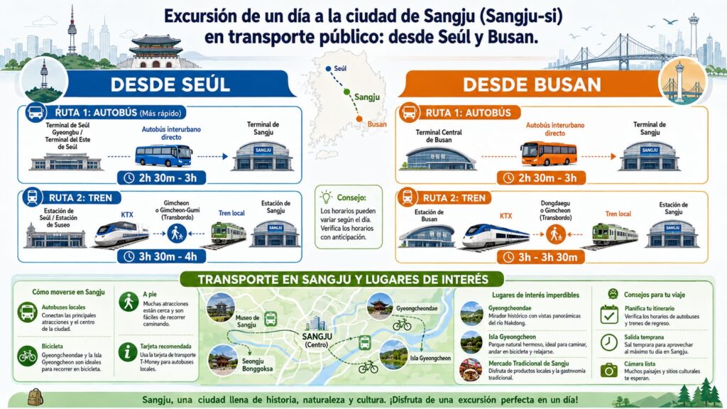 Infografía generada por IA que muestra las rutas de transporte público para una excursión de un día a la ciudad de Sangju desde Seúl y Busan.