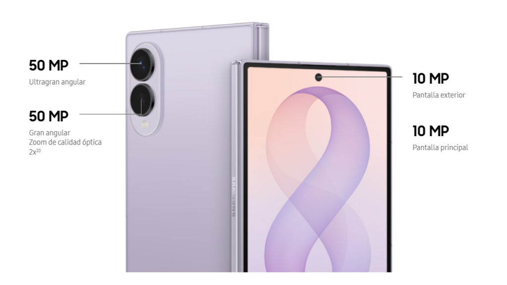 Especificaciones de las cámaras del Samsung Galaxy Z Fold 8, incluyendo los sensores de 50 MP y 10 MP.