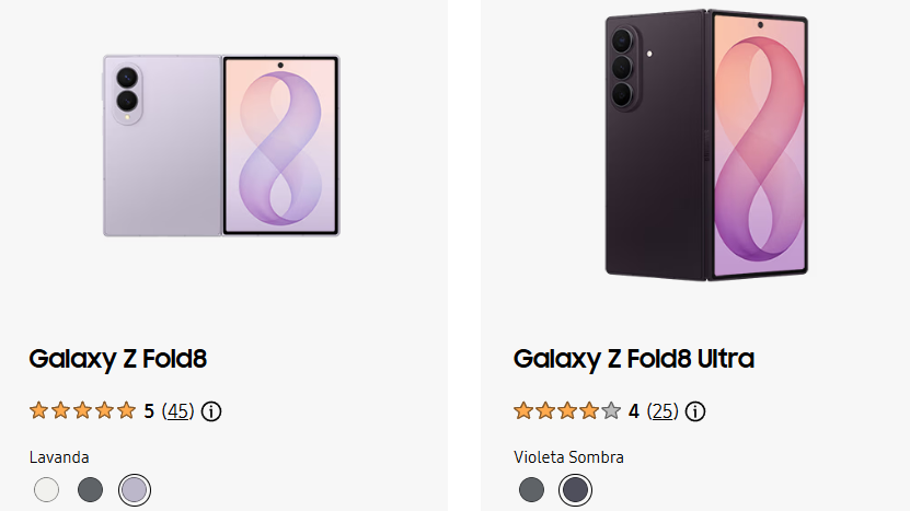 Fotografía oficial de los modelos Samsung Galaxy Z Fold 8 y Galaxy Z Fold 8 Ultra con opciones de color.