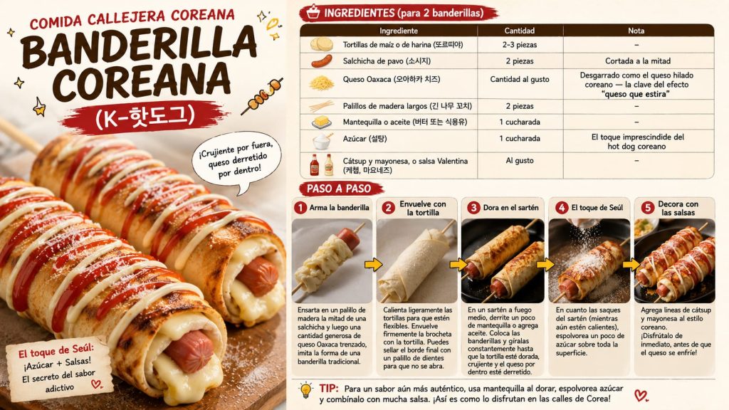 Infografía de la receta de banderilla coreana (K-hot dog) con ingredientes, paso a paso y la foto del plato preparado.