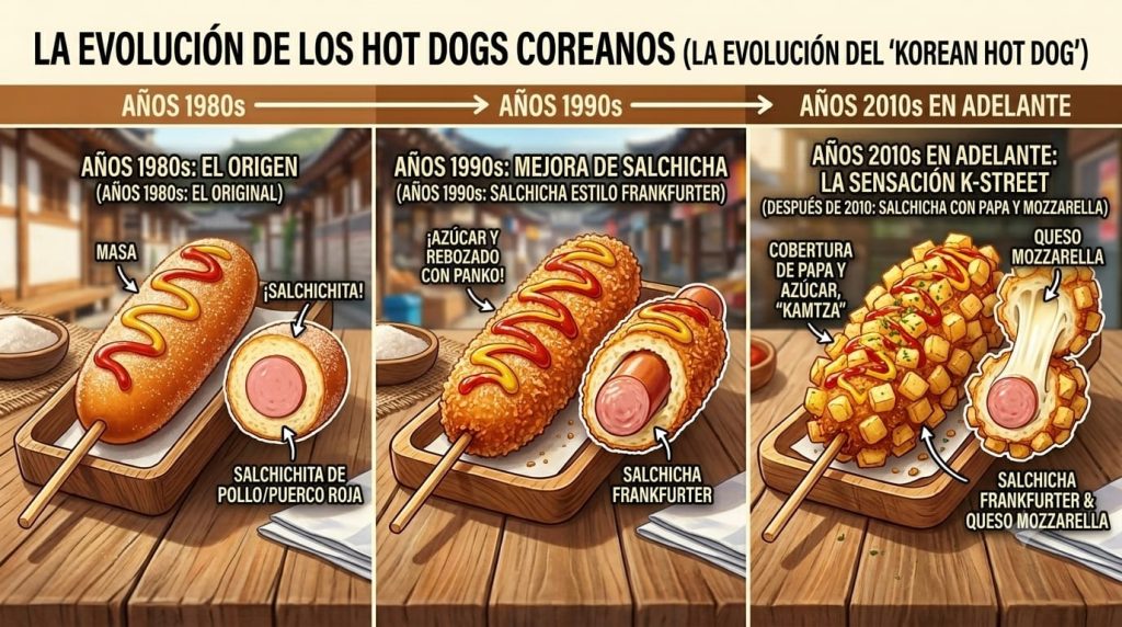 Infografía que muestra la evolución histórica de los hot dogs coreanos desde los años 1980 hasta la actualidad con papas y queso mozzarella.