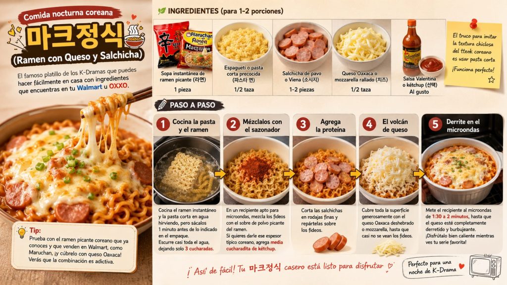 Imagen principal generada por IA que muestra los ingredientes y el proceso paso a paso para preparar la famosa Receta de Mark (Mark Jeongsik) de la comida de conveniencia coreana.