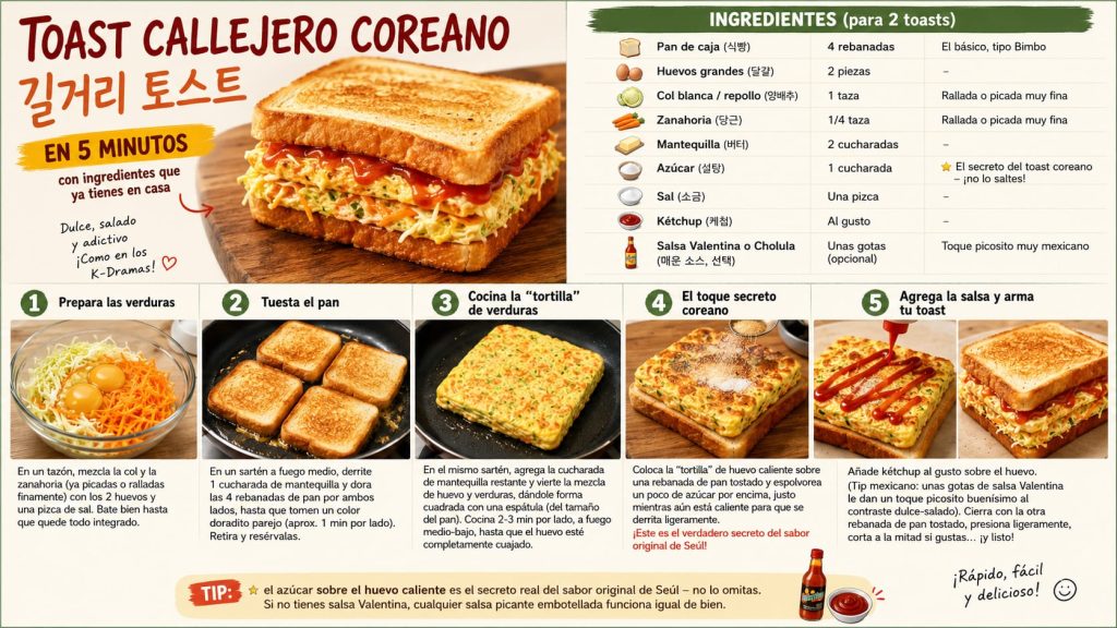 Infografía de receta de sándwich callejero coreano con ingredientes, paso a paso y la foto del plato preparado.