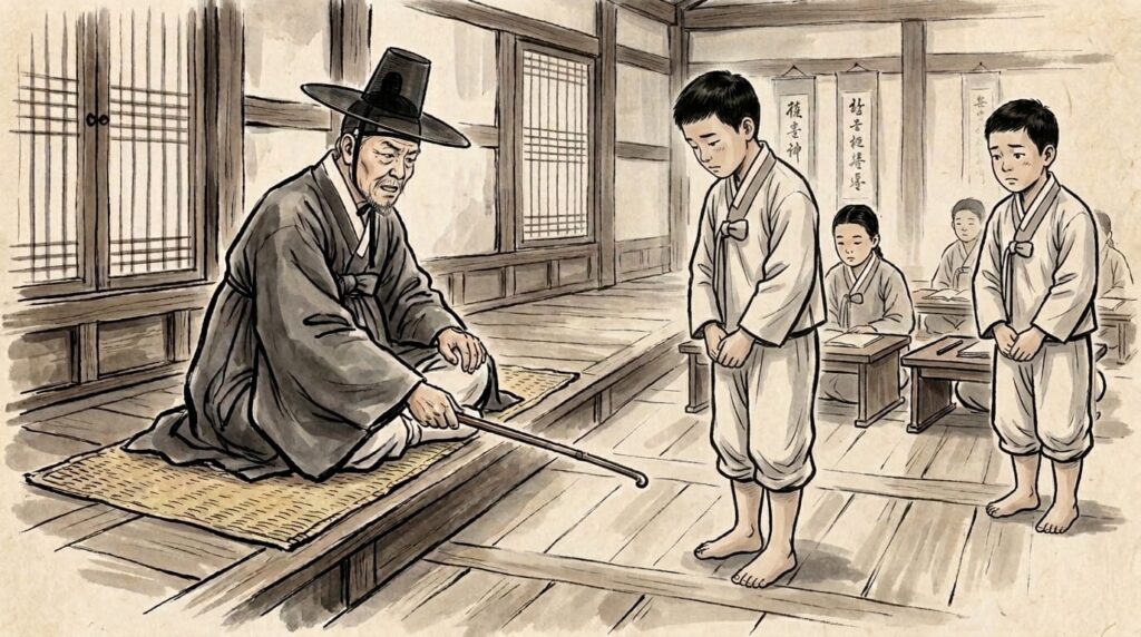 Ilustración histórica de la Dinastía Joseon que representa una escena de Seodang (escuela tradicional coreana). Un maestro (Hun-jang) sentado en el centro está a punto de disciplinar a un estudiante arrodillado con una pequeña vara, mientras otro estudiante espera a su lado. Se aprecian detalles arquitectónicos tradicionales y otros estudiantes al fondo. Estilo de pintura tradicional coreana.