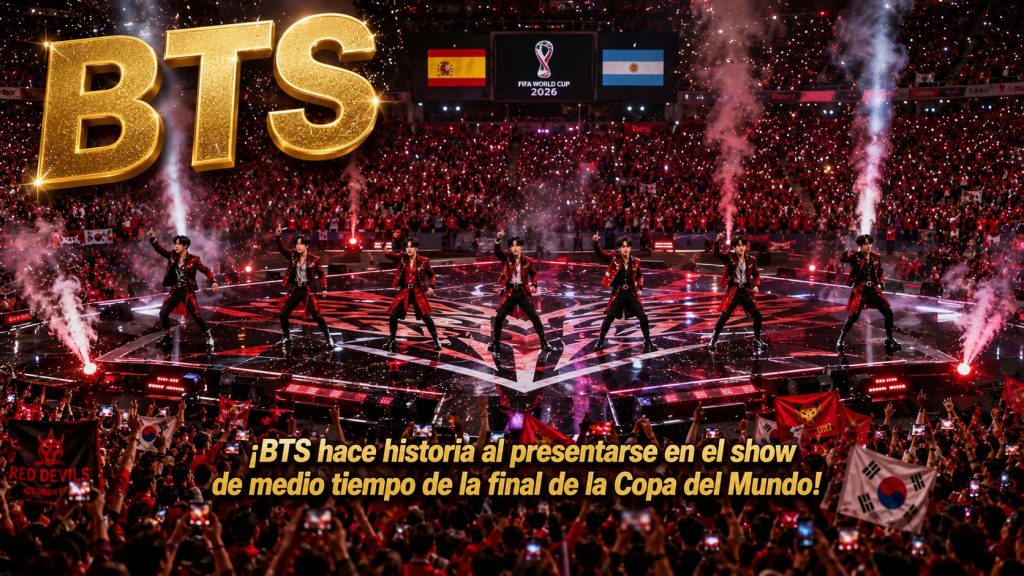 Imagen representativa de BTS actuando en el espectáculo de medio tiempo de la final de la Copa del Mundial.