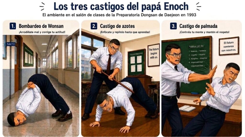Ilustración gráfica titulada "Los tres castigos del papá Enoch" que muestra tres tipos de castigos corporales y disciplina en un aula de la Preparatoria Dongsan de Daejeon en 1993, dividida en tres paneles numerados.