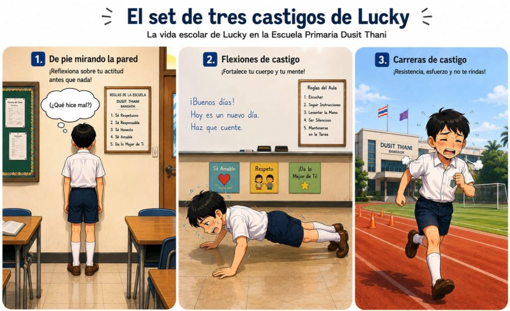 Ilustración de tres paneles que muestra escenas de disciplina escolar, incluyendo un estudiante de pie, haciendo flexiones y corriendo en una pista.