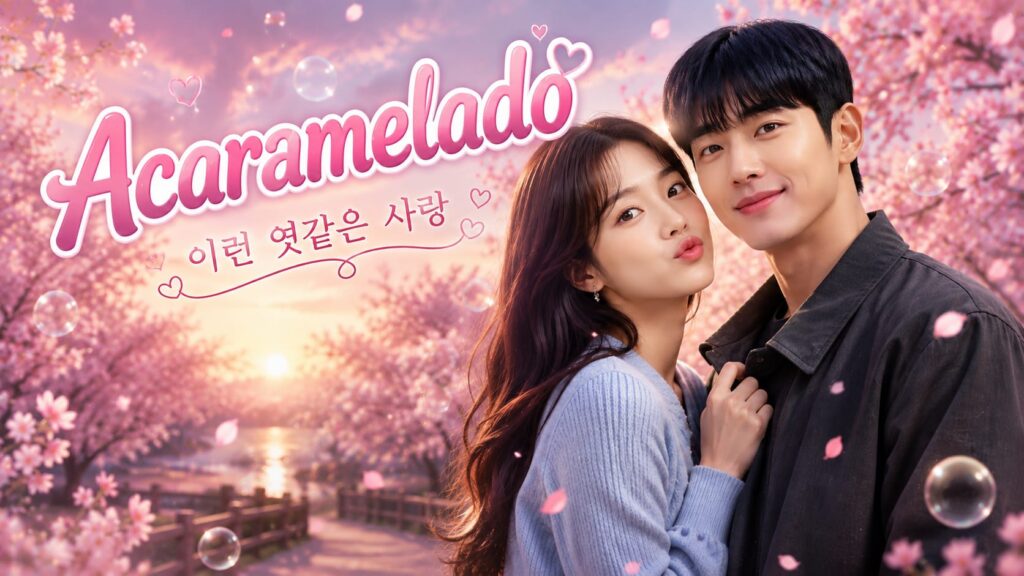Imagen promocional generada por IA para la reseña del drama coreano de Netflix "Acaramelados", mostrando a los protagonistas con un fondo de cerezos en flor.