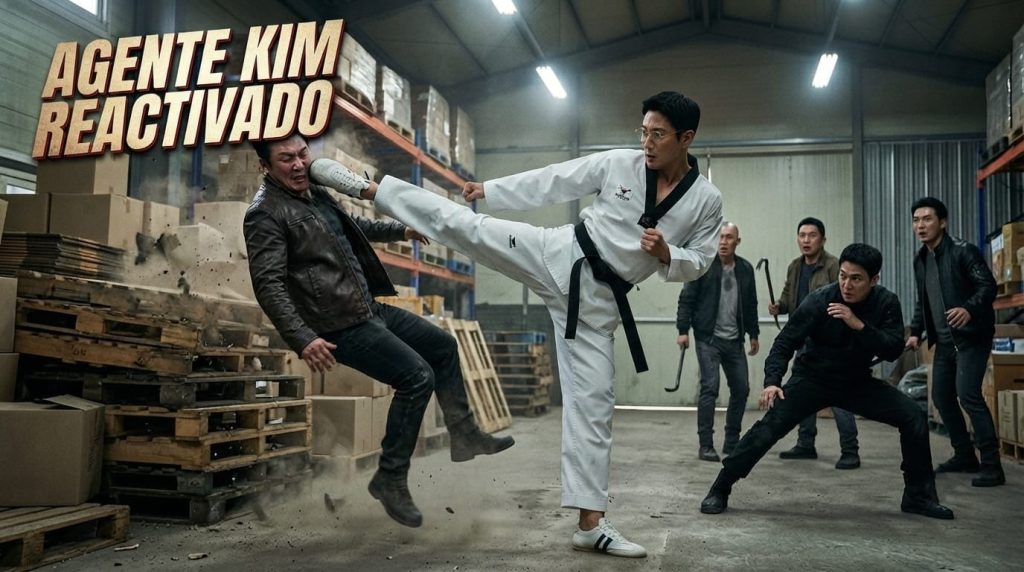 Imagen generada por IA para el artículo sobre el Taekwondo en los K-Dramas, que muestra una intensa escena de acción de la serie "Agente Kim Reactivado" donde un personaje con dobok de taekwondo ejecuta una poderosa patada a un oponente en un almacén.