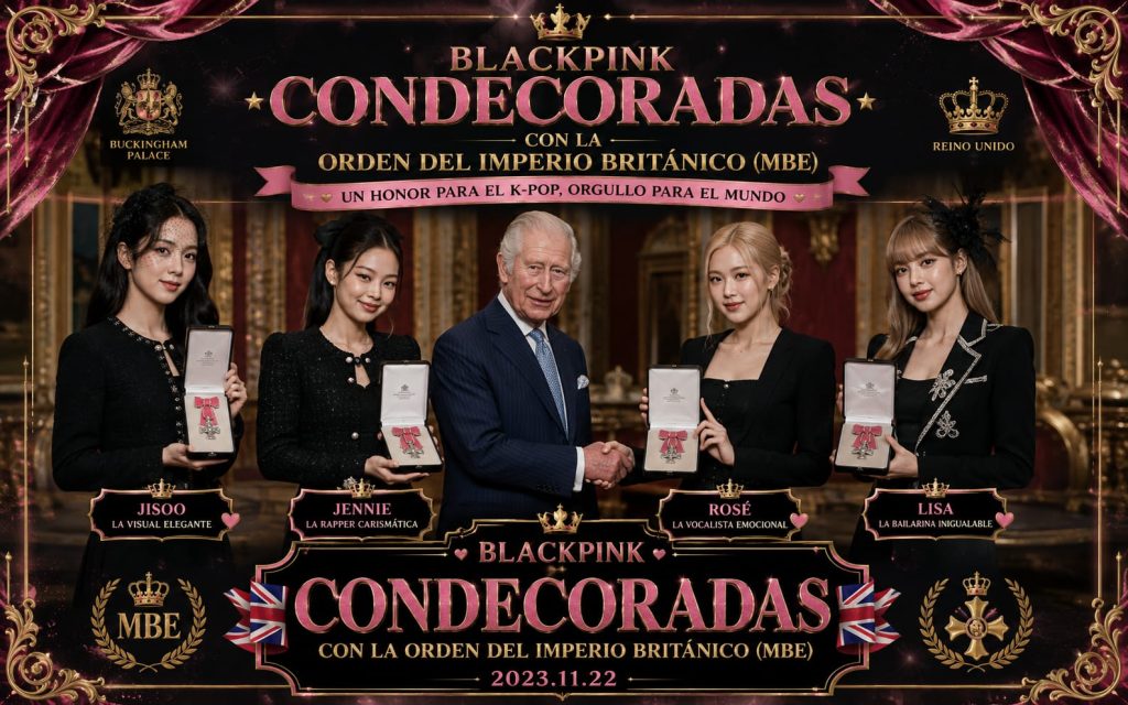 Imagen conmemorativa que muestra a las cuatro integrantes de BLACKPINK junto al rey Carlos III del Reino Unido, celebrando la recepción de la Orden del Imperio Británico (MBE) en 2023.