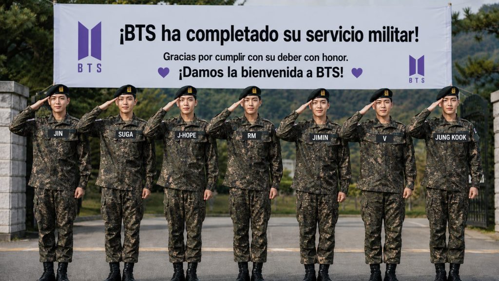 Imagen generada por IA que muestra a los siete miembros de BTS en uniforme militar saludando frente a una pancarta de bienvenida por la finalización de su servicio militar.