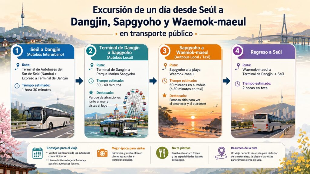 Infografía generada por IA que muestra la ruta en transporte público para una excursión de un día desde Seúl a Dangjin, incluyendo Sapgyoho y Waemok-maeul.