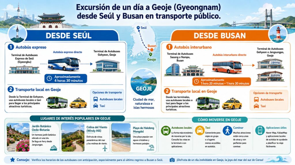 Infografía generada por IA que muestra las rutas de transporte público para una excursión de un día a la ciudad de Geoje, Gyeongnam, desde Seúl y Busan.
