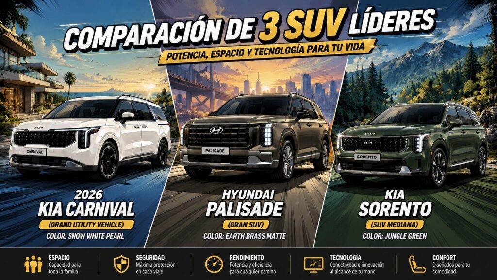 Comparativa visual entre Kia Carnival 2026, Hyundai Palisade y Kia Sorento destacando espacio, rendimiento y tecnología