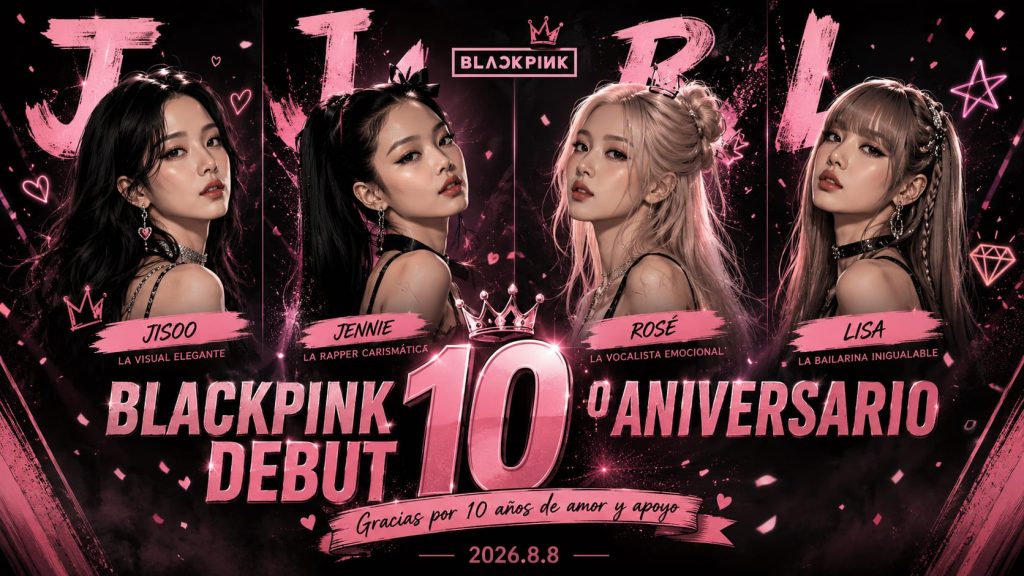 Imagen conmemorativa del décimo aniversario del debut de BLACKPINK con diseño en tonos rosas.