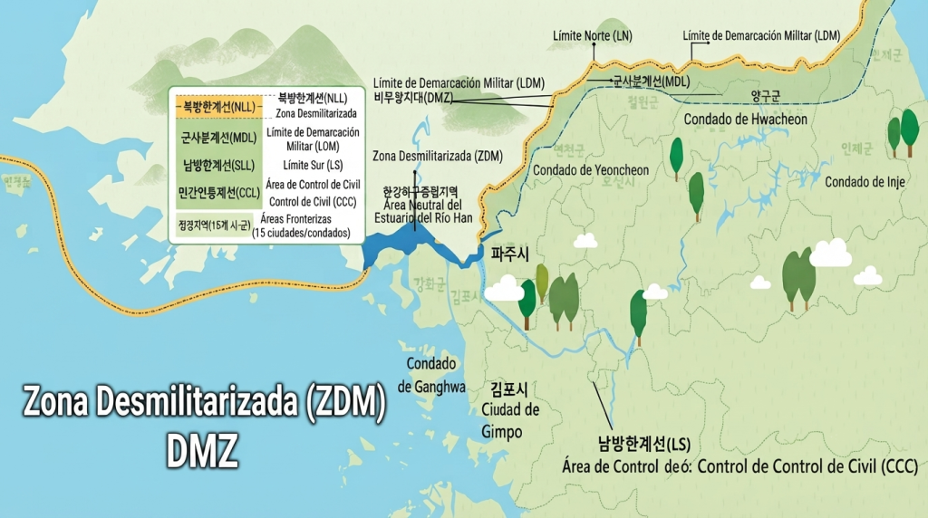 Mapa generado por IA que muestra la Zona Desmilitarizada (DMZ) y las líneas de demarcación en la península de Corea.