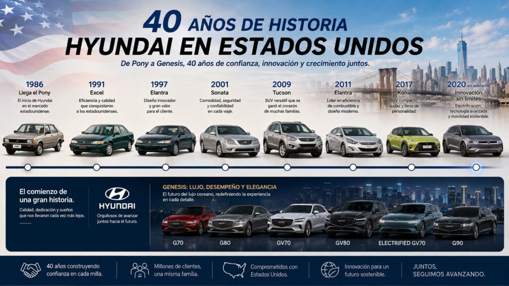 Infografía histórica que muestra los 40 años de presencia y evolución de Hyundai en Estados Unidos, desde el modelo Pony hasta la gama Genesis.