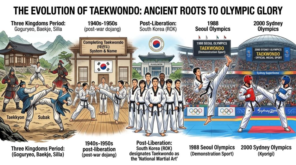 Imagen representativa generada por IA que ilustra la historia y evolución del taekwondo, el arte marcial tradicional de Corea del Sur.