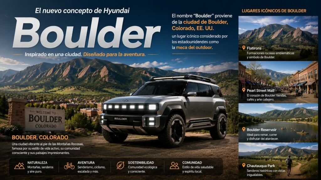Infografía explicativa sobre el origen del nombre del concepto Hyundai Boulder y los lugares icónicos de Boulder, Colorado, EE. UU.