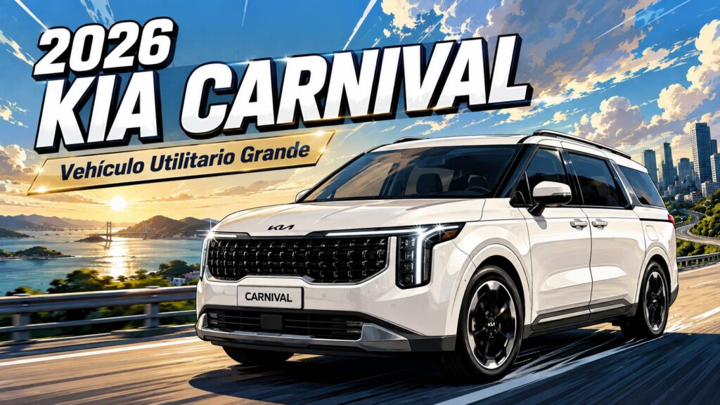 Kia Carnival 2026 en carretera con diseño moderno y el texto 'Vehículo Utilitario Grande'