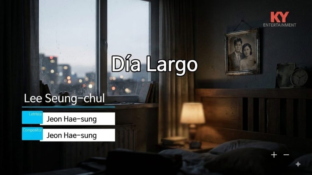 Imagen generada por IA para el artículo sobre la canción "Un día largo" de Lee Seung-chul, que muestra una pantalla de karaoke con el título de la canción, el nombre del artista, los créditos de autor y compositor (Jeon Hae-sung) y un ambiente de habitación acogedora de fondo.