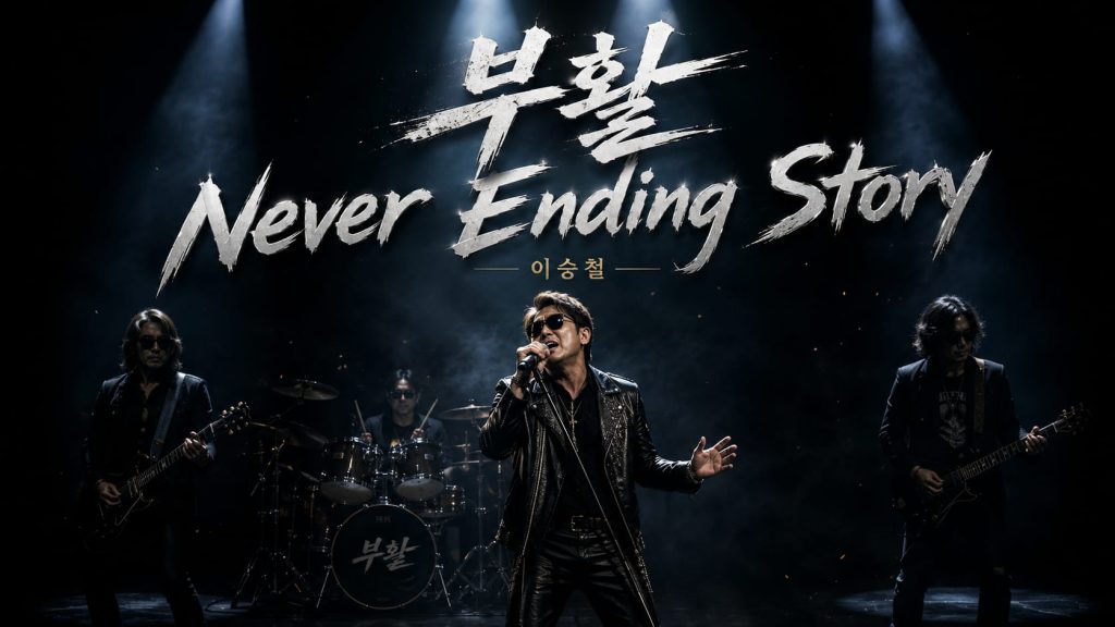 Imagen principal generada por IA para el artículo sobre la legendaria canción "Never Ending Story" de la banda de rock coreana Boohwal.