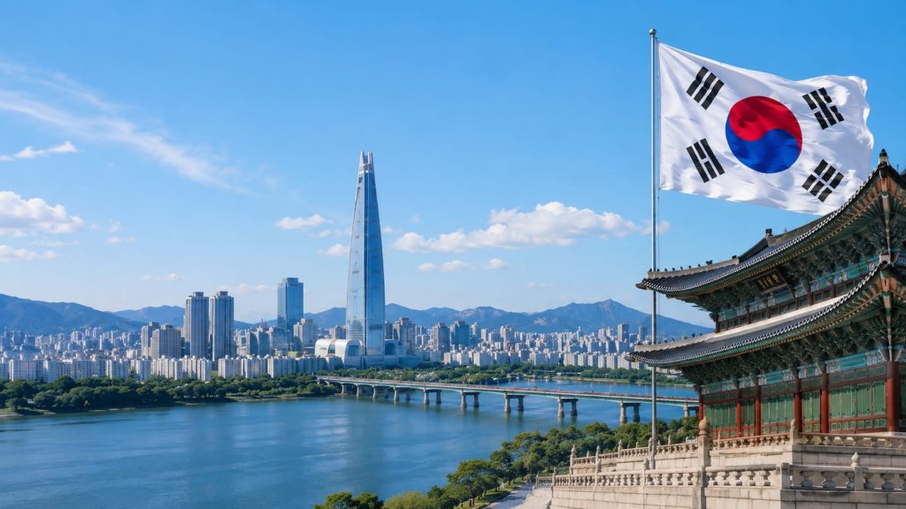 Imagen generada por IA que muestra el paisaje del río Han en Seúl, con la torre Lotte y un palacio tradicional coreano junto a la bandera nacional.