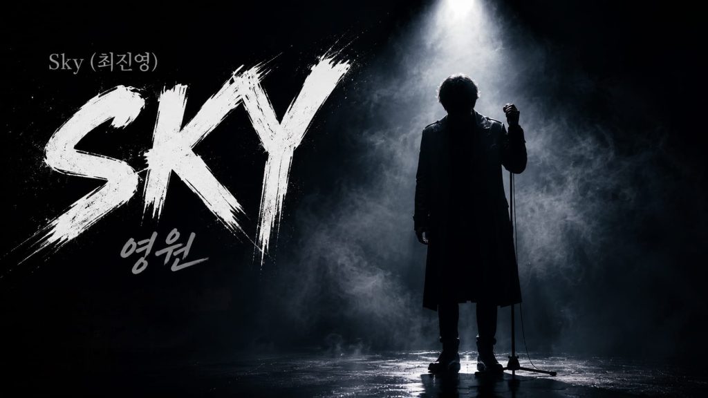 Imagen principal generada por IA dedicada al cantante y actor SKY (Choi Jin-young), mostrando una silueta bajo luces dramáticas con el título en coreano.