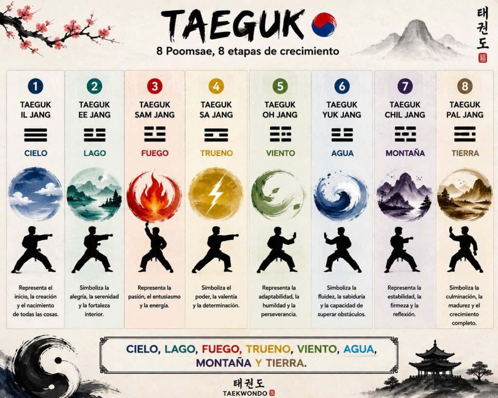 Infografía generada por IA sobre las 8 formas (Poomsae) de Taeguk en el Taekwondo, que ilustra las 8 etapas de crecimiento representadas por elementos de la naturaleza como cielo, lago, fuego, trueno, viento, agua, montaña y tierra.