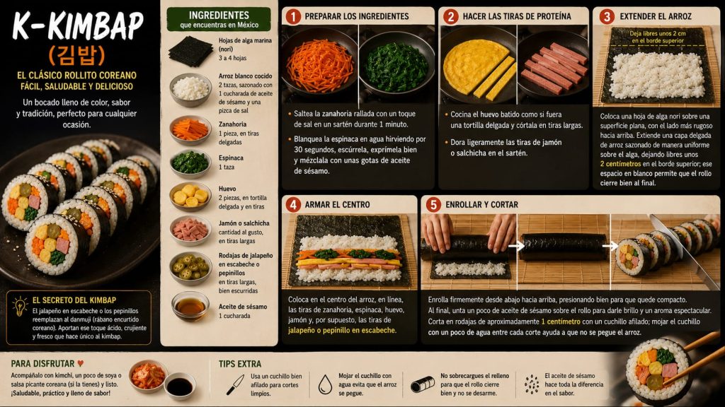 Infografía de la receta de Kimbap coreano, mostrando los ingredientes paso a paso y el proceso de enrollado.