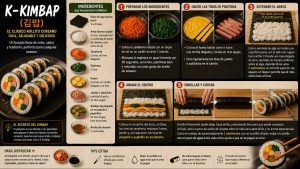 Infografía de la receta de Kimbap coreano, mostrando los ingredientes paso a paso y el proceso de enrollado.