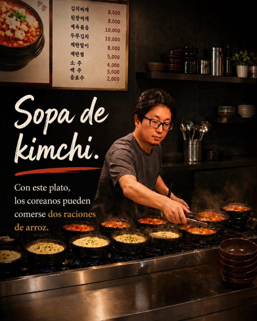 Imagen generada por IA que muestra al propietario de un restaurante preparando deliciosos platos de kimchi jjigae frente a la estufa.