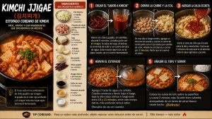 Infografía de la receta tradicional de estofado coreano de kimchi con cerdo (Kimchi Jjjigae), mostrando ingredientes y pasos de preparación.