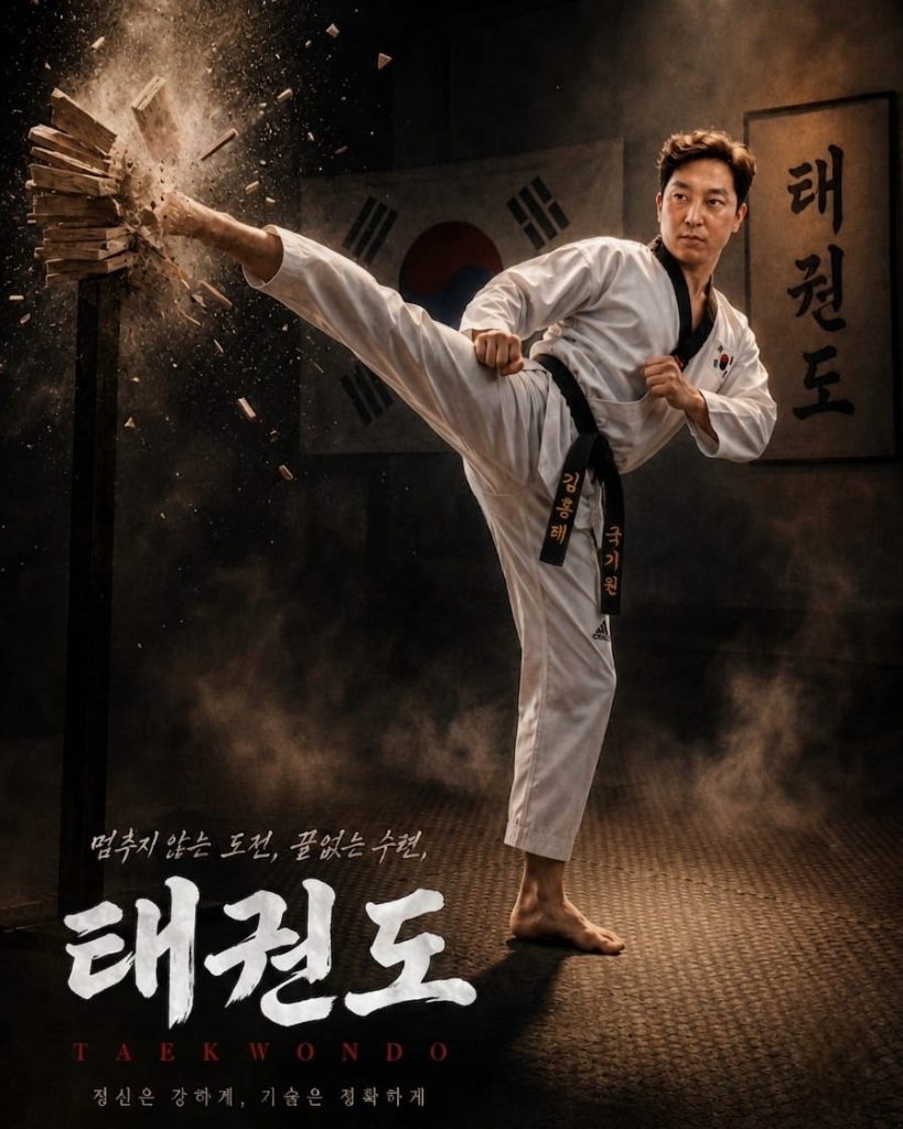 Imagen generada por IA que muestra al autor practicando taekwondo con un dobok y cinturón negro.
