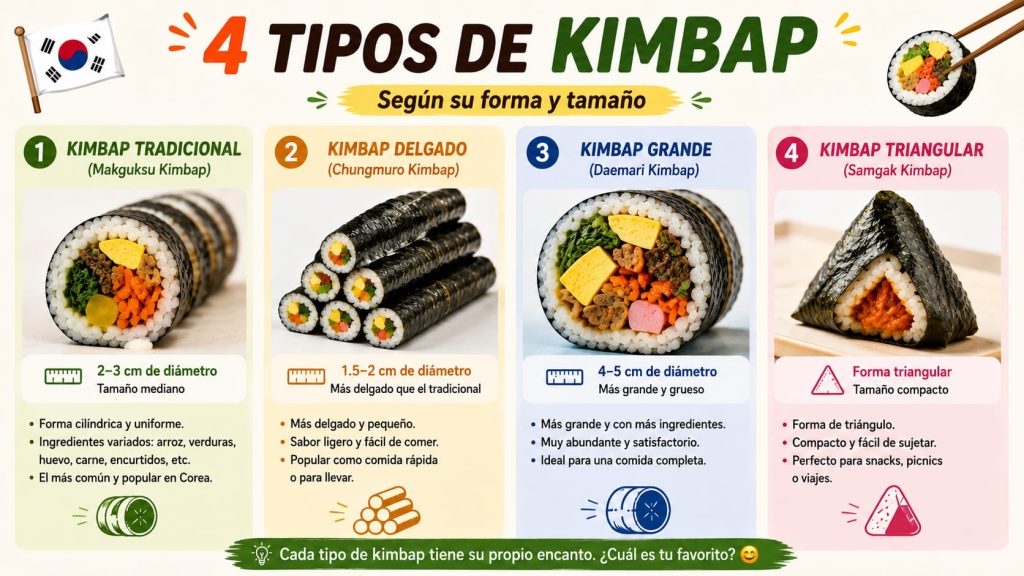 Infografía generada por IA que muestra 4 tipos de kimbap según su forma y tamaño: tradicional, delgado, grande y triangular.
