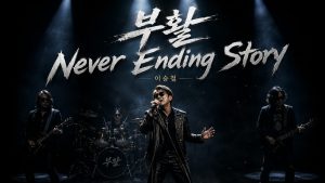 Imagen principal generada por IA para la canción 'Never Ending Story' de Boohwal con Lee Seung-chul, mostrando un concepto emotivo y rockero.