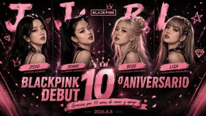 Imagen de portada que celebra el décimo aniversario de BLACKPINK, con un diseño elegante y festivo que destaca la trayectoria global del grupo de K-pop.