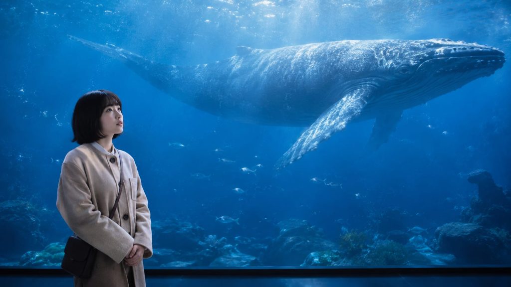 Imagen generada por IA de la abogada Woo Young-woo contemplando una gran ballena en el acuario, reflejo de su fascinación por estos animales en la serie.