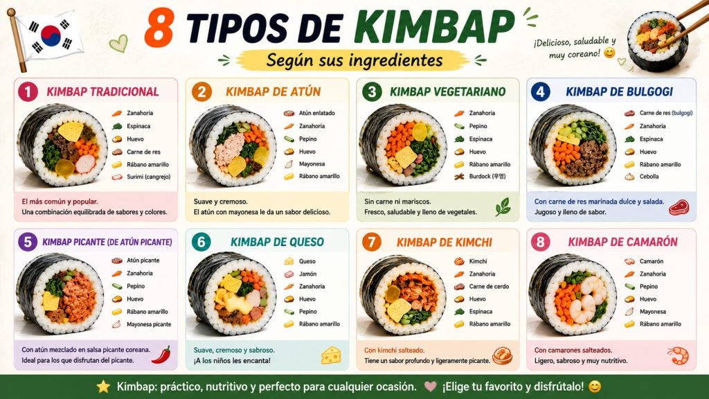 Infografía generada por IA que detalla los 8 tipos de kimbap según sus ingredientes: tradicional, de atún, vegetariano, de bulgogi, picante, de queso, de kimchi y de camarón.