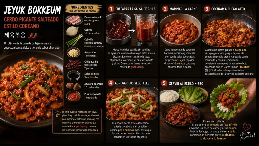 Infografía de receta de Jeyuk Bokkeum (cerdo picante salteado coreano) que muestra los ingredientes y el paso a paso de su preparación.