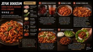 Infografía de receta de Jeyuk Bokkeum (cerdo picante salteado coreano) que muestra los ingredientes y el paso a paso de su preparación.