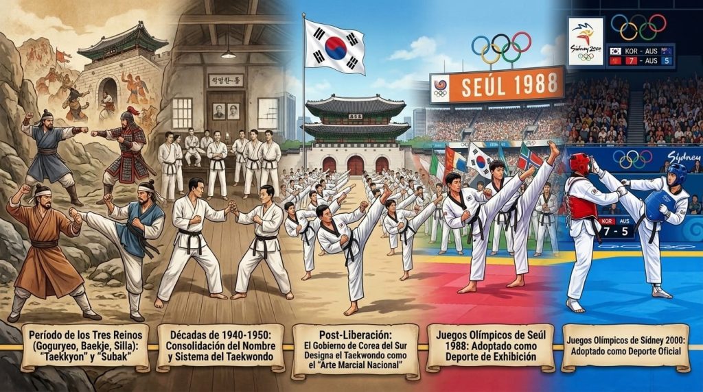 Infografía que muestra la evolución histórica del taekwondo desde sus raíces antiguas hasta los Juegos Olímpicos.