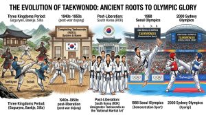 Infografía que muestra la evolución histórica del taekwondo desde sus raíces antiguas hasta los Juegos Olímpicos.