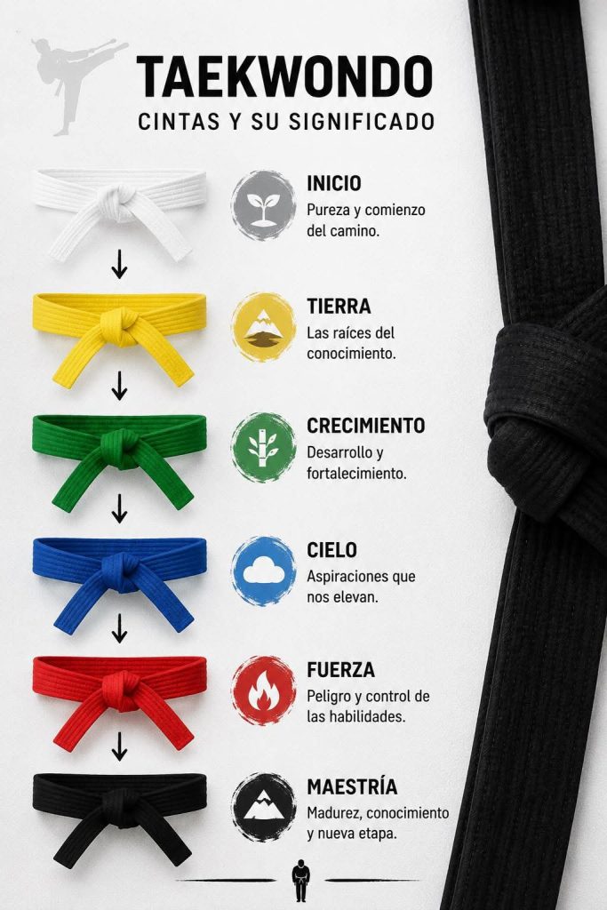 Infografía que muestra los diferentes colores de las cintas de taekwondo con sus significados y una imagen de un atleta con equipo de protección.