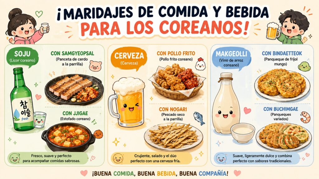 Infografía de los maridajes populares de bebidas y aperitivos en la cultura del alcohol de Corea