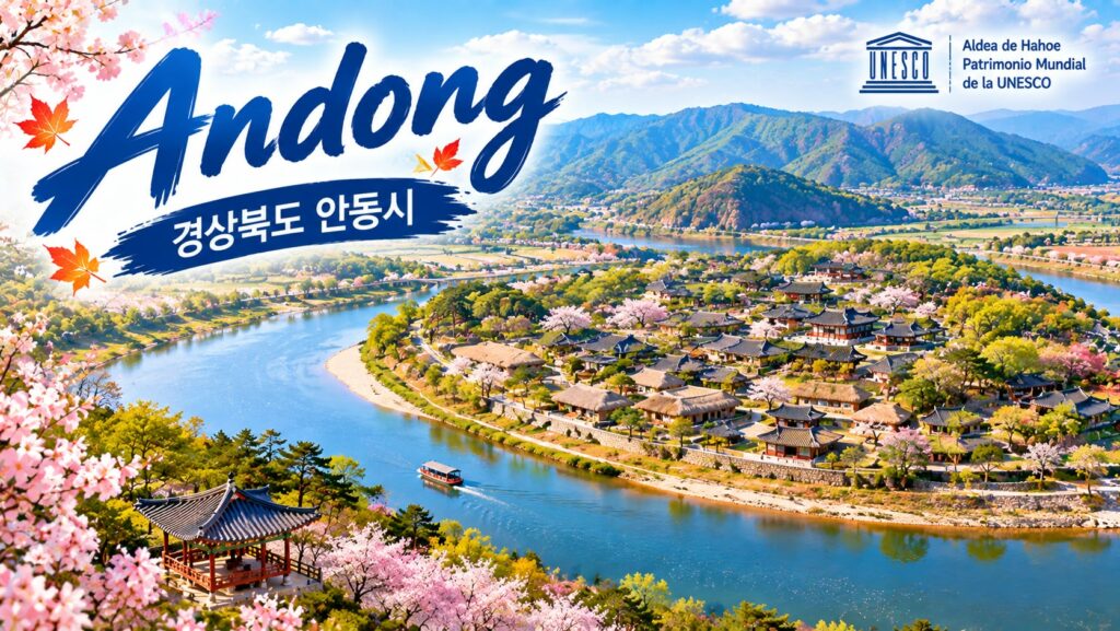 Vista panorámica de la histórica aldea tradicional de Andong en Gyeongsangbuk-do, destacando el río, las montañas y la arquitectura coreana declarada Patrimonio Mundial por la UNESCO.