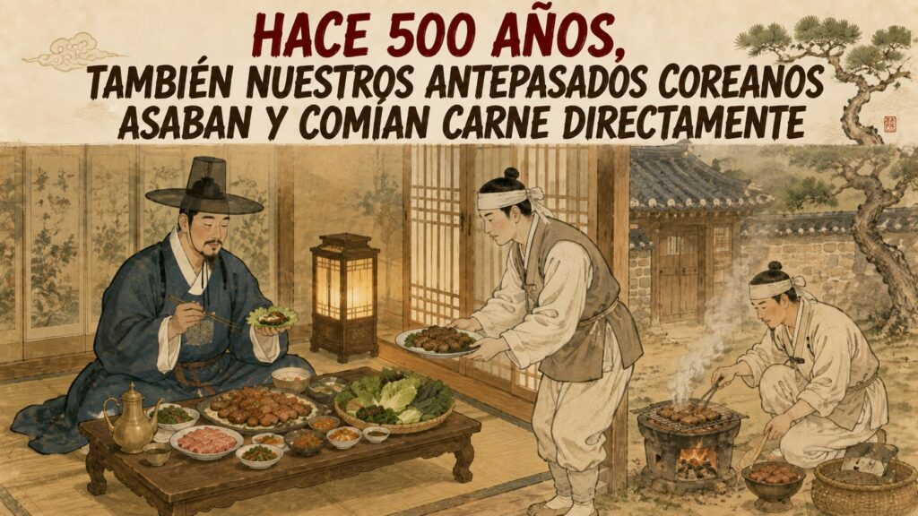 Ilustración histórica de la dinastía Joseon que muestra a los antepasados coreanos asando y comiendo carne hace 500 años