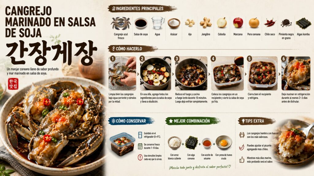 Guía visual e infografía sobre cómo preparar Ganjang Gejang, cangrejo marino marinado en salsa de soja